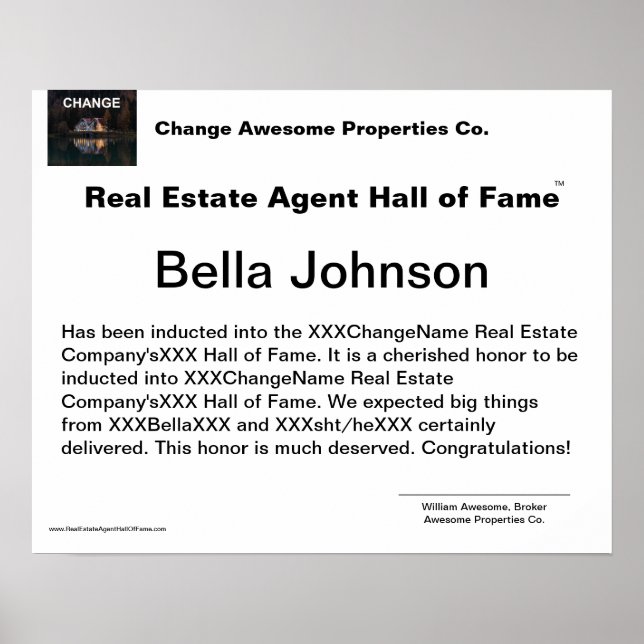 Poster du certificat d'agent immobilier Hall of Fa (Devant)