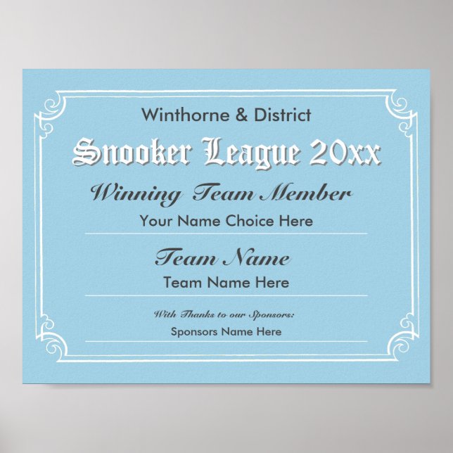 Poster du certificat de concours Snooker (Devant)