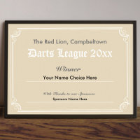 Poster du certificat du gagnant du concours Darts