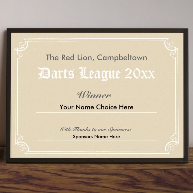 Poster du certificat du gagnant du concours Darts (Créateur téléchargé)