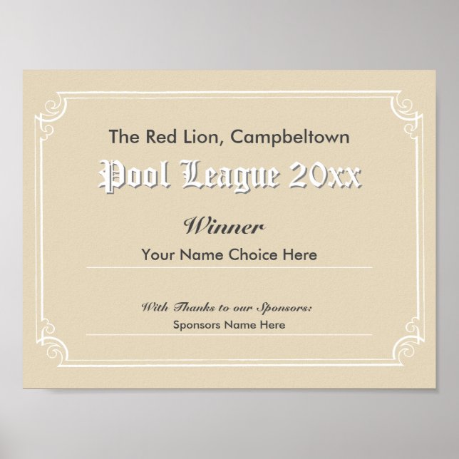 Poster du certificat du gagnant du concours de poo (Devant)