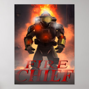 Poster du chef incendie devant les flammes 12X16 (