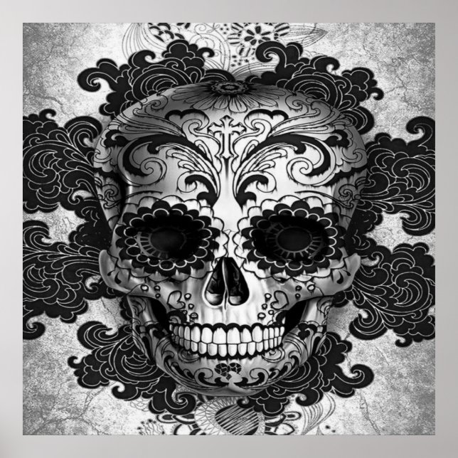 Poster du crâne de sucre en noir et blanc (Devant)