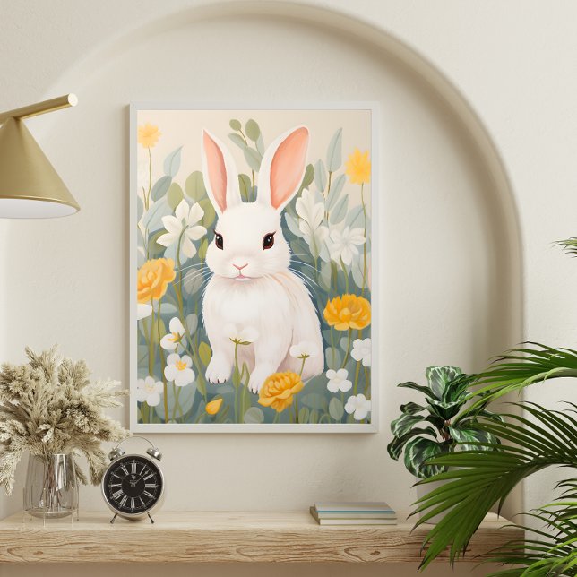 Poster du lapin blanc parmi les fleurs du printemp (Créateur téléchargé)