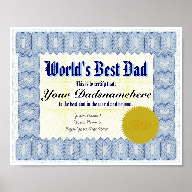 Poster du meilleur certificat papa du monde (Devant)