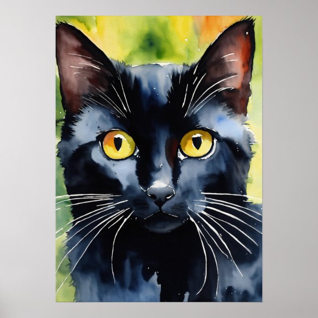 Poster du mur d'aquarelle de chat noir (Devant)