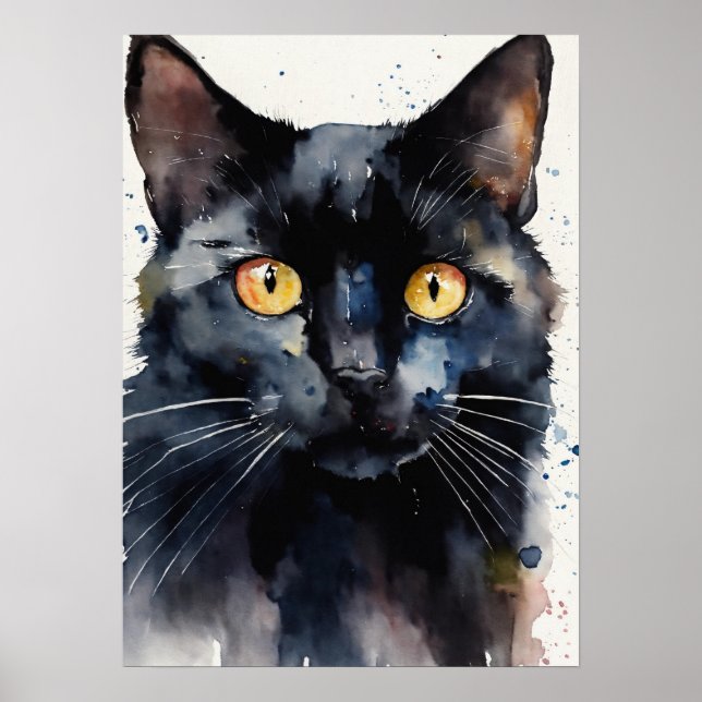 Poster du mur d'aquarelle de chat noir (Devant)