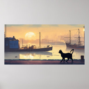 Poster du mur d'aquarelle de chat noir