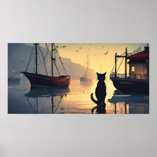 Poster du mur d'aquarelle de chat noir