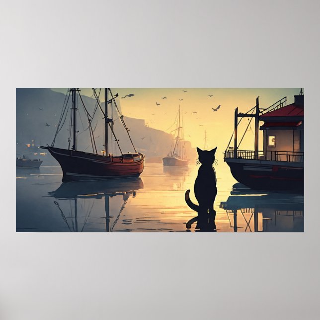 Poster du mur d'aquarelle de chat noir (Devant)