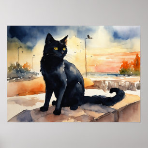 Poster du mur d'aquarelle de chat noir
