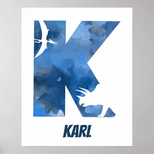 Poster du nom de l'enfant "K" Dinosaur Aquarelle b (Devant)