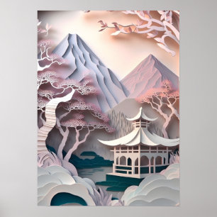 Poster du paysage du pavillon de découpe de papier