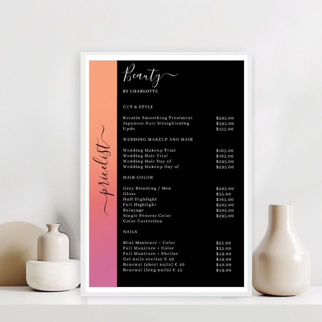 Poster du salon Ombre, rose, orange et noir (Ombre, Pink, Orange & Black Pricelist Salon Poster)