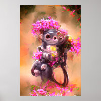 Poster du singe-bébé aux fleurs