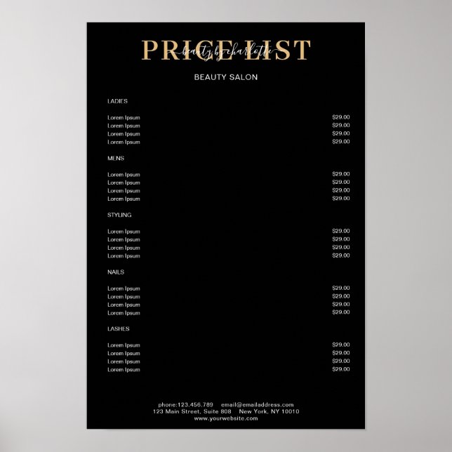 Poster du tarif moderne noir (Devant)