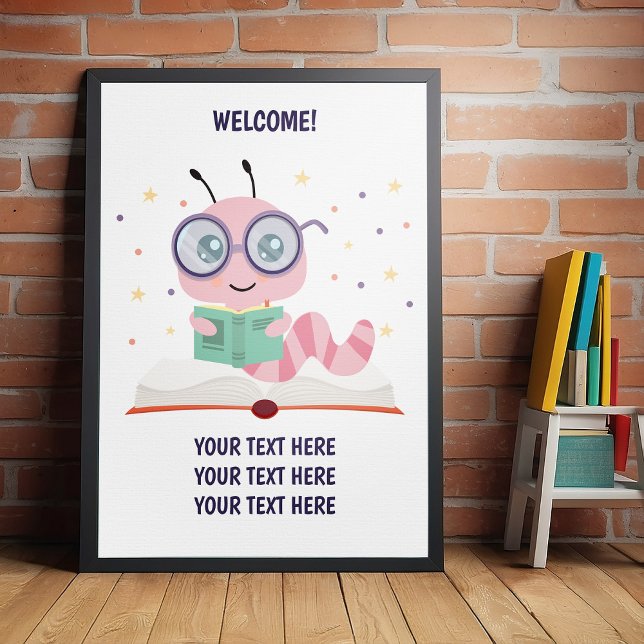 Poster du thème Pink Bookworm (Perfect poster for school book event, book week, and to celebrate birthday and baby showers.)