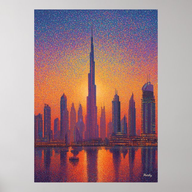 Poster Dubai Burj Khalifa Pointillism Skyline Sunset (Devant)