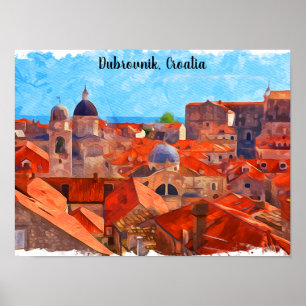 Poster Dubrovnik Croatie Aquarelle Peinture Voyage