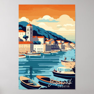 Poster Dubrovnik Croatie illustration de voyage vintage