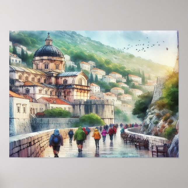 Poster Dubrovnik Croatie Marcher sur l'aquarelle murale (Devant)