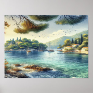 Poster Dubrovnik Croatie Mljet île aquarelle