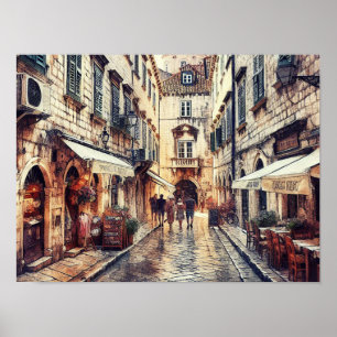 Poster Dubrovnik Croatie rue Tour aquarelle