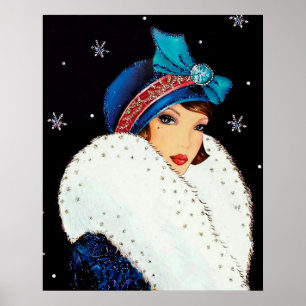 Poster d'une dame rétro vintage de Noël art déco