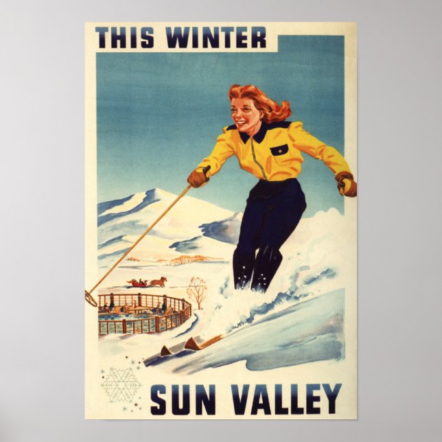 Poster d'une femme à tête rouge souriant et skiant (Devant)