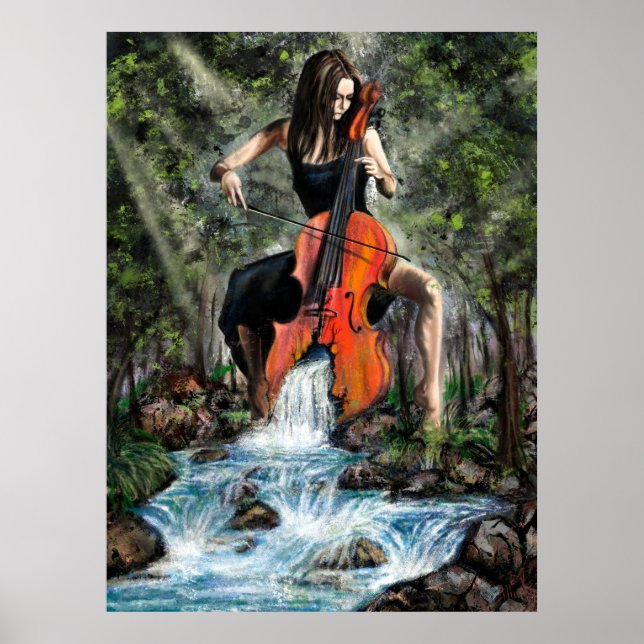 Poster d'une femme au violoncelle dans la nature - (Devant)