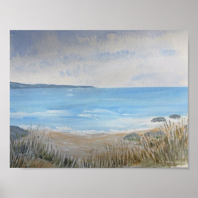 Poster Dunes de sable avec herbes sauvages, plage et mer (Devant)