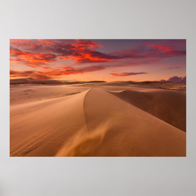 Poster Dunes de sable dans le désert au coucher du soleil (Devant)