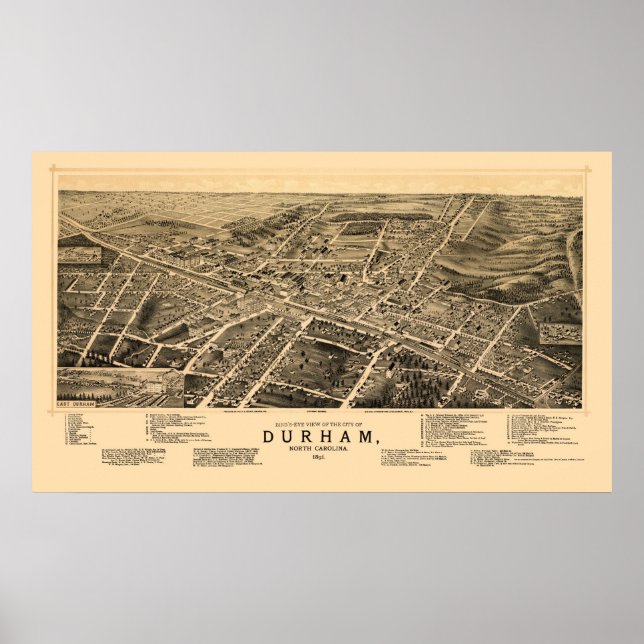 Poster Durham, NC Carte panoramique - 1891 (Devant)