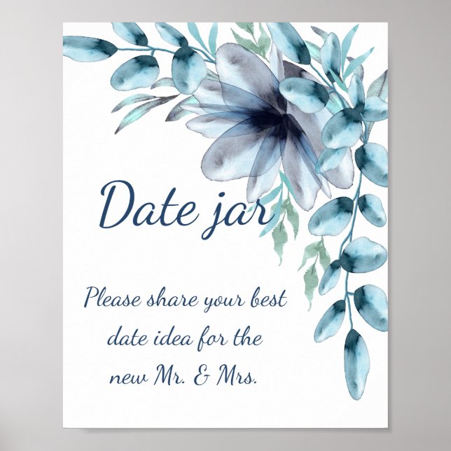 Poster Dusty bleu marine floral date pot nuptiale douche (Devant)
