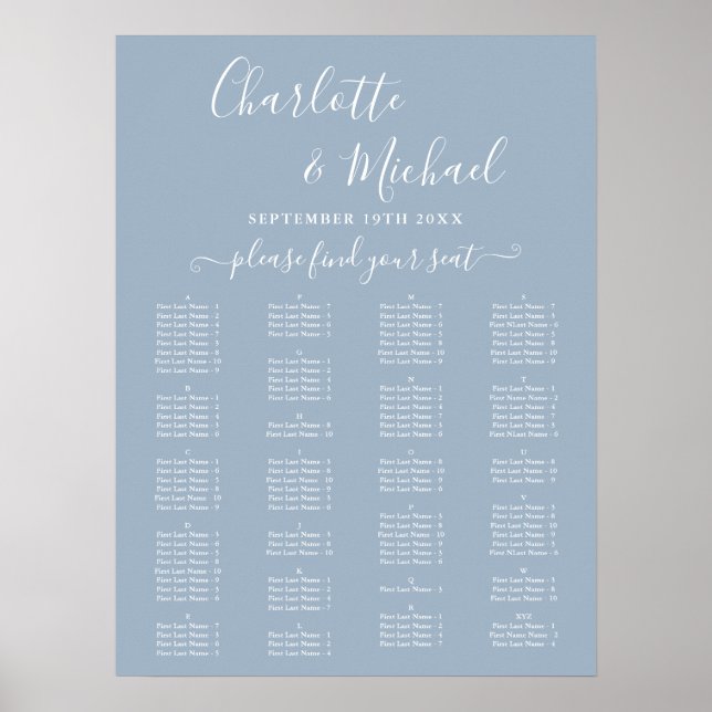 Poster Dusty Blue Alphabetical Wedding Seating Chart (Devant)