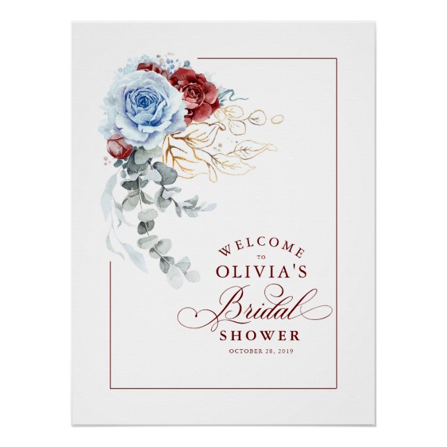 Poster Dusty Blue and Red Bridal Shower Welcome (Devant)