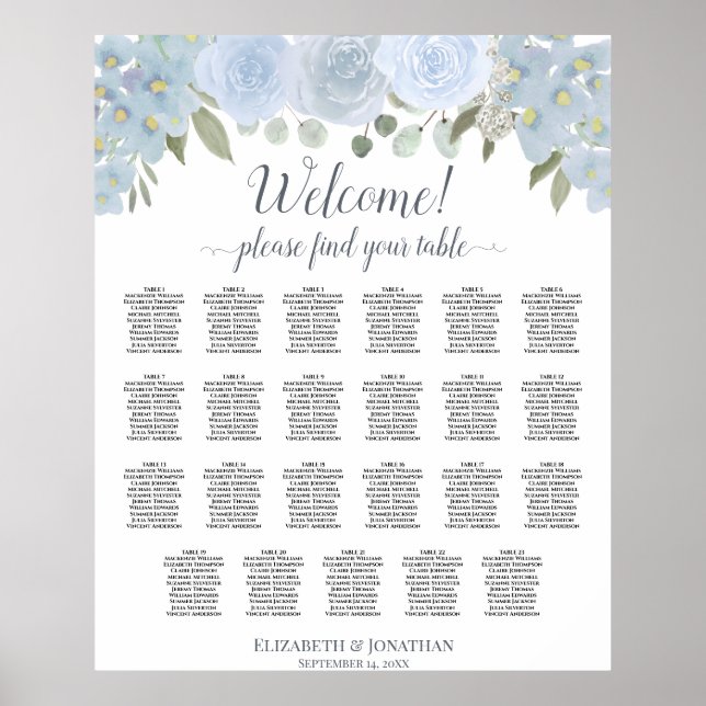Poster Dusty Blue Boho Chic Roses 23 Table Seating Chart (Devant)