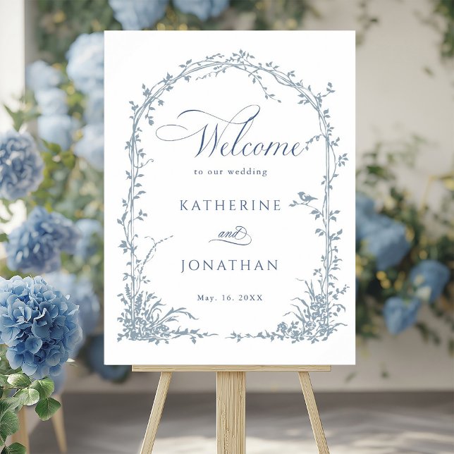 Poster Dusty Blue Botanical Arch Garden Wedding Welcome  (Créateur téléchargé)