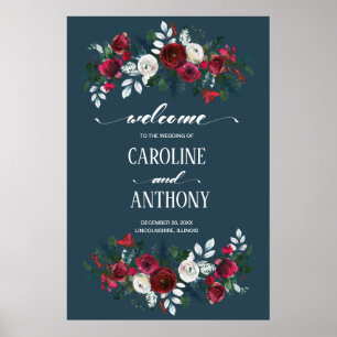 Poster Dusty Blue   Burgundy Bloom Wedding Welcome Sign