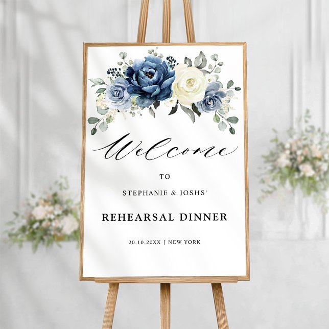Poster Dusty Blue Champagne Réception de répétition de ma (Dusty Blue Champagne ivory floral  Rehearsal Dinner Welcome  Poster)