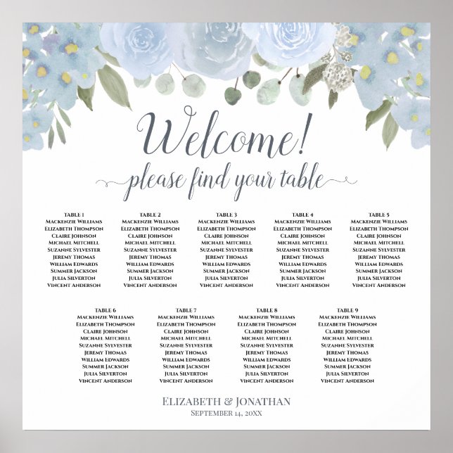 Poster Dusty Blue Floral 9 Table Boho Chic Seing Chart (Devant)