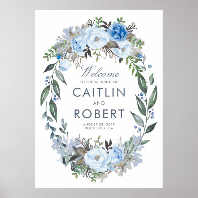 Poster Dusty Blue Floral Mariage romantique Bienvenue (Devant)