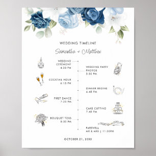 Poster Dusty Blue Floral Moderne Mariage programme d'itin