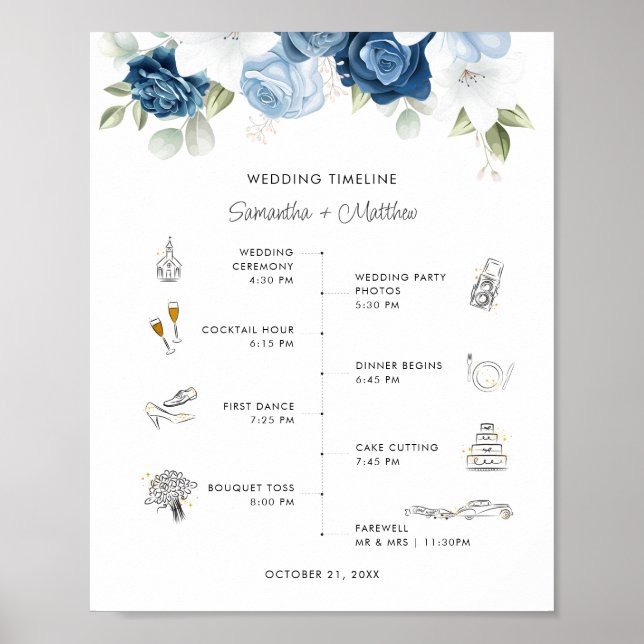 Poster Dusty Blue Floral Moderne Mariage programme d'itin (Devant)