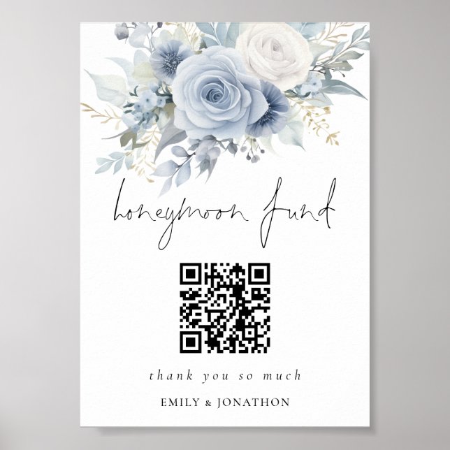 Poster Dusty Blue Florals QR Code Honeymoon Fund Mariage (Devant)