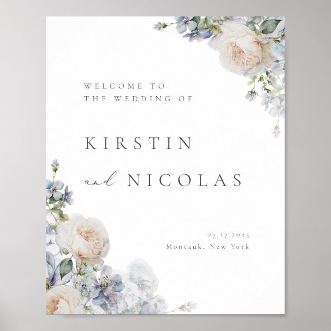 Poster Dusty Blue Garden Floral Mariage Bienvenue (Devant)