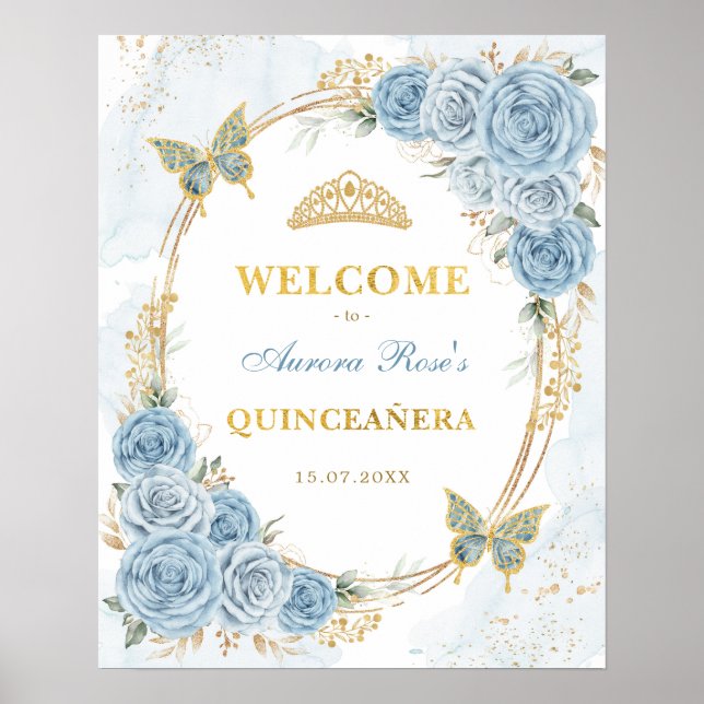 Poster Dusty Blue Gold Quinceanera Mis Quince Bienvenue (Devant)
