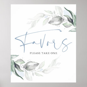 Poster Dusty Blue Greenery and Silver Leaves Favors Sign
