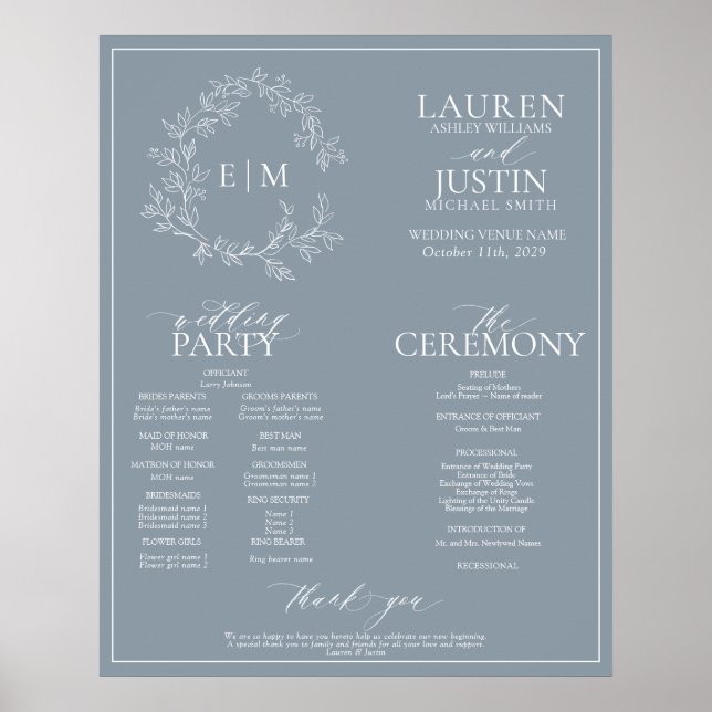 Poster Dusty Blue Leafy Crest Monogramme Programme de mar (Devant)