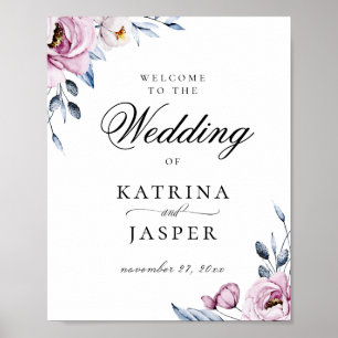 Poster Dusty Blue Mauve Floral Mariage Bienvenue